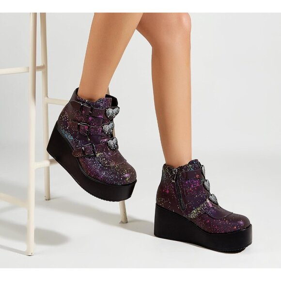 Lucky Step Women Navy Reflect Round Toe Zipper Wedges High Heel Rave Buckle Boot - Picture 6 of 9